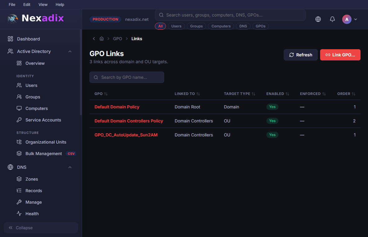 Nexadix GPO links management view